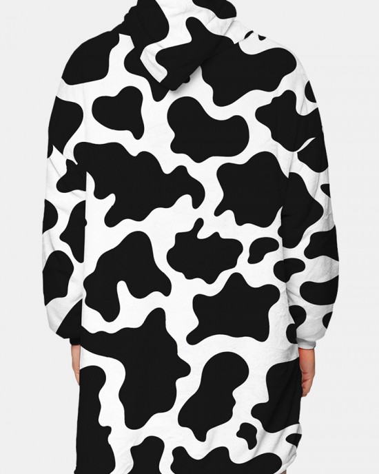 Mens Cow Pattern Print Flannel Two  Sided Oversized Blanket Hoodie With Pouch Pocket