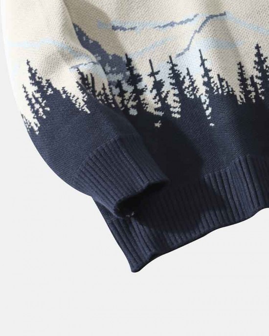 Men Landscape Mountain Drop Shoulder Loose Pullover Knitted Sweaters