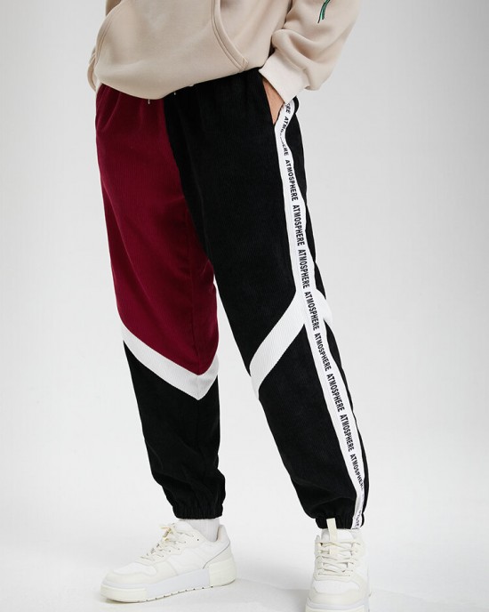 Men Corduroy Side Letter Ribbon Contrast Patchwork Casual Pants