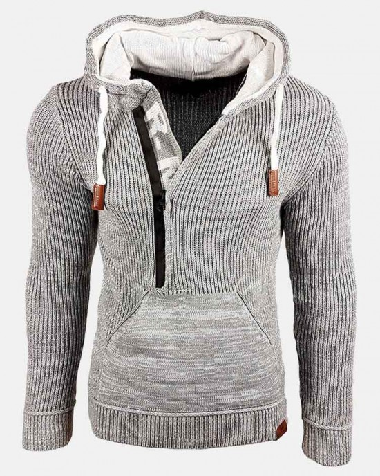 Mens Letter V  Neck Zip Knit Pullover Casual Drawstring Hooded Sweaters