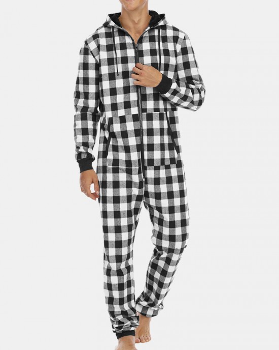 Mens Plaid Zipper Front Kangaroo Pocket Hooded One Piece Jumpsuit Home Warm Sleepwear