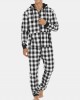 Mens Plaid Zipper Front Kangaroo Pocket Hooded One Piece Jumpsuit Home Warm Sleepwear