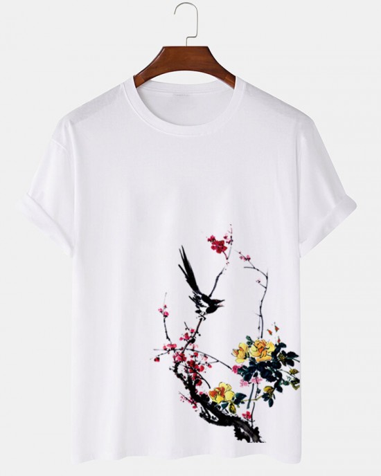 Mens Bird   Plum Bossom Print Short Sleeve Cotton T  Shirts