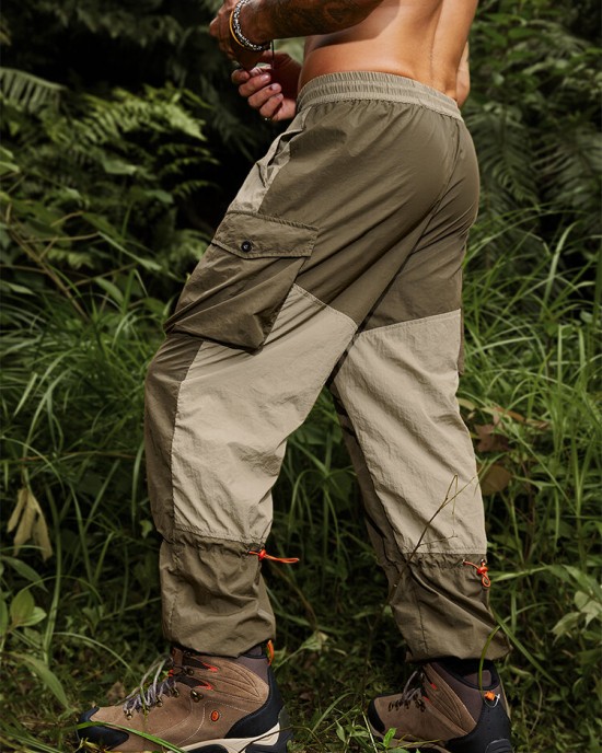 Men Colorblock Multi Pocket Drawstring Ankle Length Cargo Pants