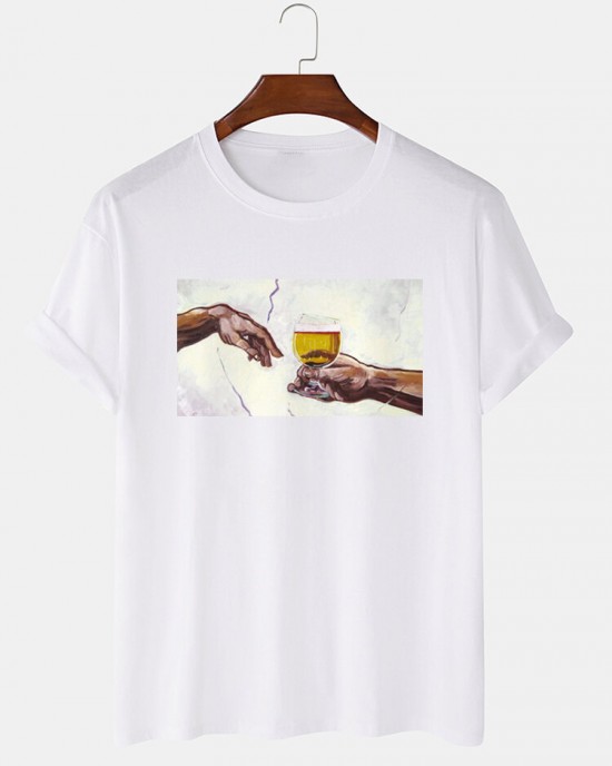 Mens Beers Figure Hand Graphic Cotton Short Sleeve T  Shirts