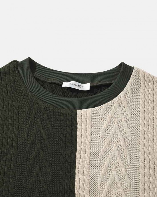 Men Patchwork Rib Knit Contrast Color Round Neck Pullover Sweaters