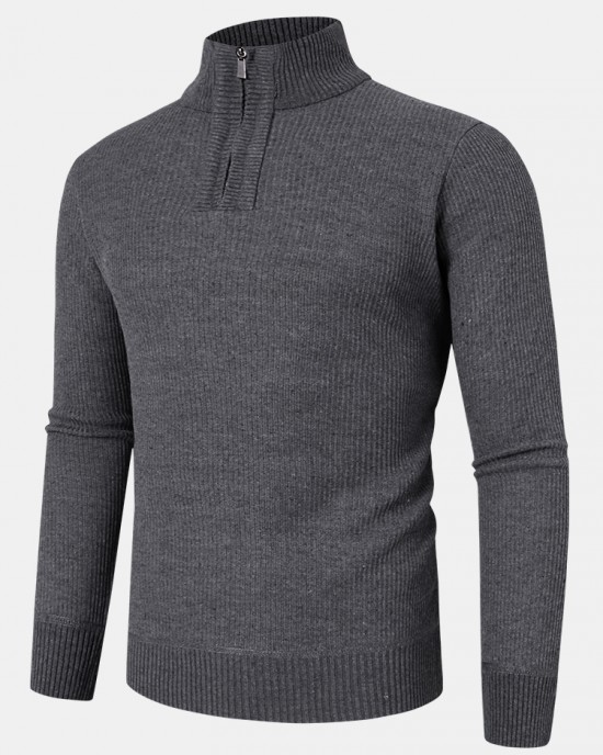 Mens Solid Color High Neck Knitted Warm Long Sleeve Sweaters