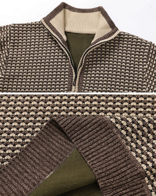 Men Vintage Knitted Stand Collar Contrast Color Plus Velvets Half Zipper Sweater Sweaters