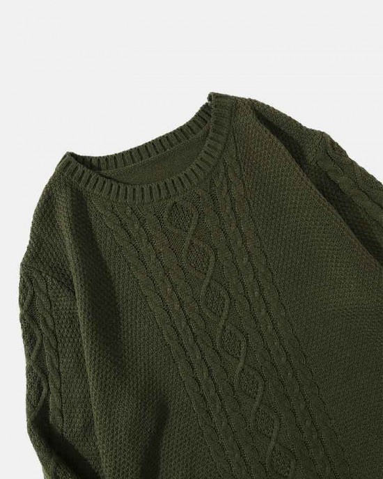 Men Solid Cable Knit Round Neck Casual Pullover Sweaters