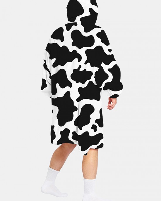 Mens Cow Pattern Print Flannel Two  Sided Oversized Blanket Hoodie With Pouch Pocket