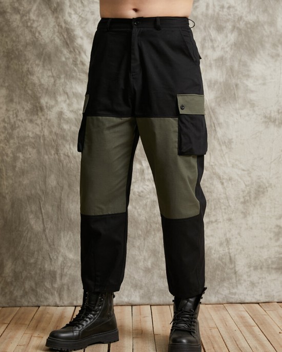 Men Outdoor Contrast Colorblock Multi Pocket Utility Ankle Length Cargo Pants