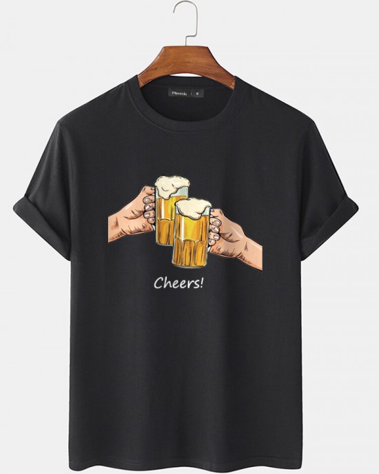 Mens Beers Cheers Graphic Crew Neck Cotton Short Sleeve T  Shirts