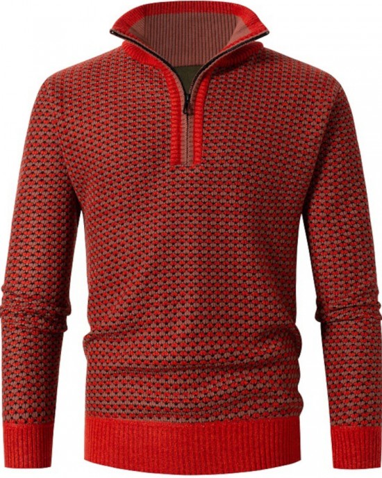 Men Vintage Knitted Stand Collar Contrast Color Plus Velvets Half Zipper Sweater Sweaters