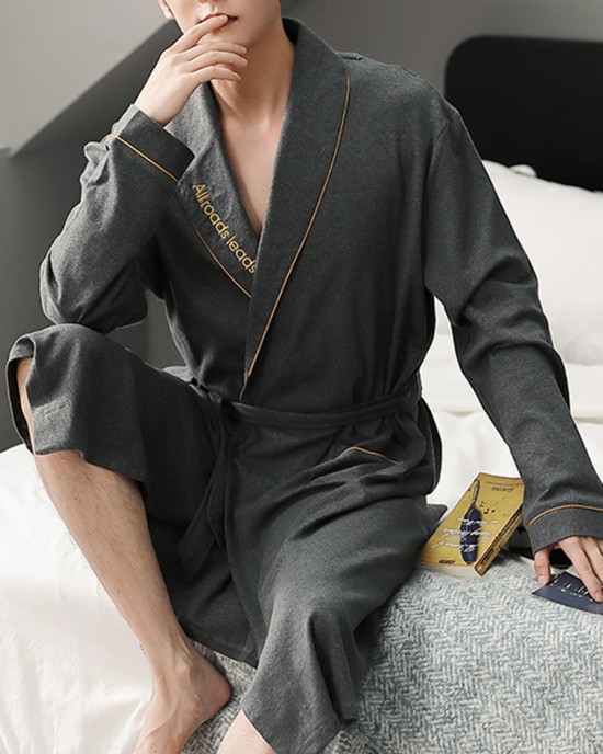 Mens Solid Color Letter Embroidery Double Pocket Lapel Sleepwear Robes With Sashes