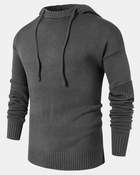 Mens Solid Color Design Cut Out Sleeve Kitted Hooded Sweaters