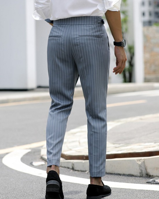 Men Striped Print Ruched Slimming Ankle Length Business Formal Pants