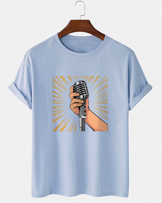 Mens Microphone Hand Graphic Short Sleeve Cotton T  Shirts