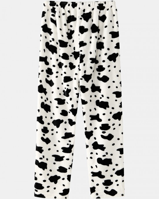 Mens Cows Pattern Thick Elastic Waist Plush Loose Pants Home Sleep Pants