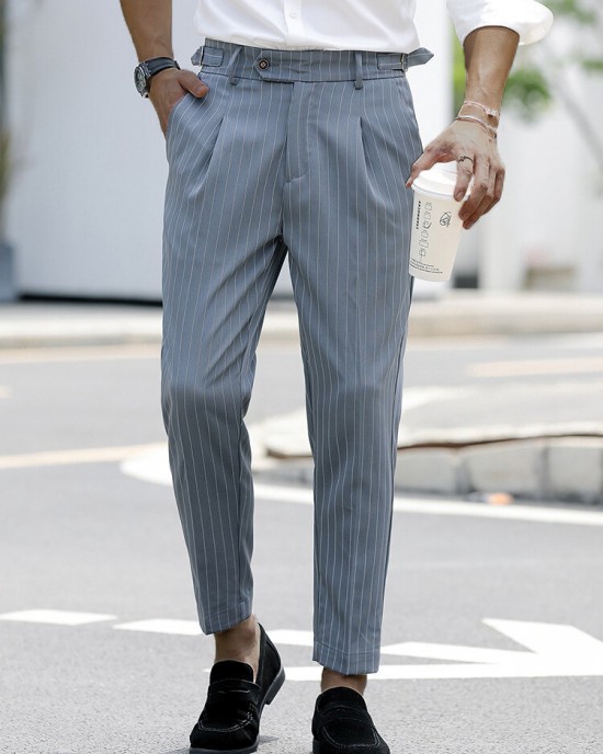 Men Striped Print Ruched Slimming Ankle Length Business Formal Pants