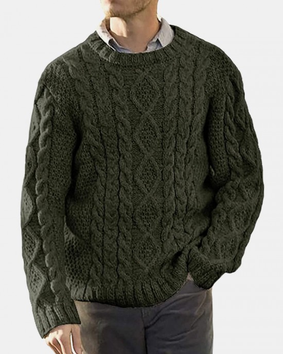 Men Solid Cable Knit Round Neck Casual Pullover Sweaters