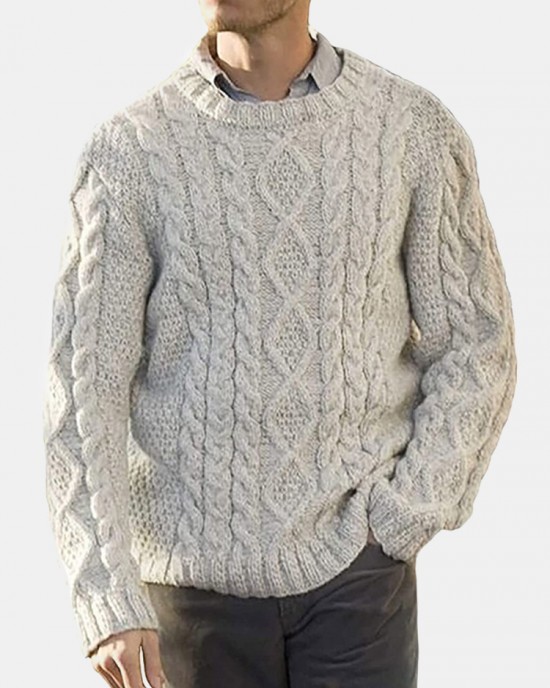 Men Solid Cable Knit Round Neck Casual Pullover Sweaters