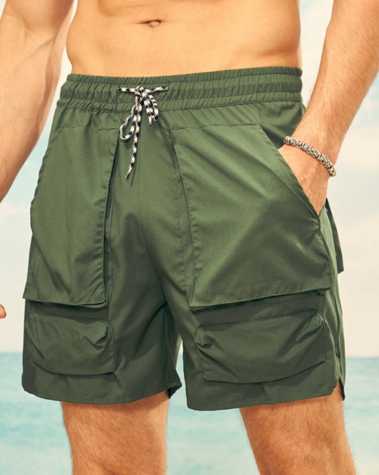 Men Plain Multi Pocket Utility Drawstring Mid Length Elastic Waist Cargo Shorts