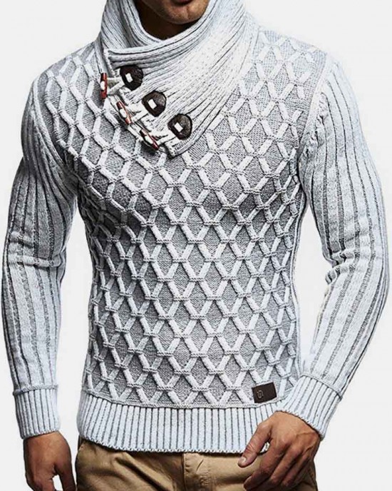 Mens Graphics Knitted Texture High Neck Warm Pullover Sweaters