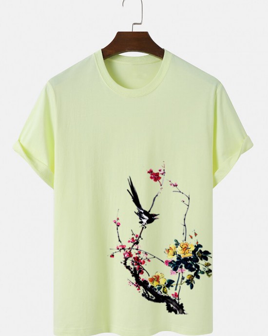 Mens Bird   Plum Bossom Print Short Sleeve Cotton T  Shirts