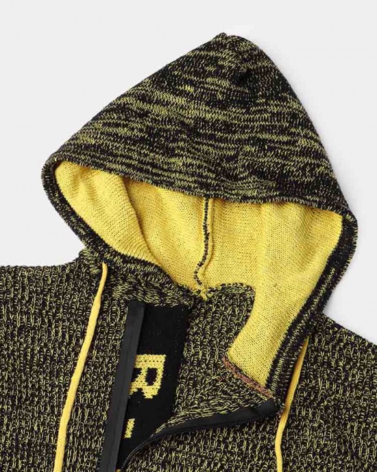 Mens Letter V  Neck Zip Knit Pullover Casual Drawstring Hooded Sweaters