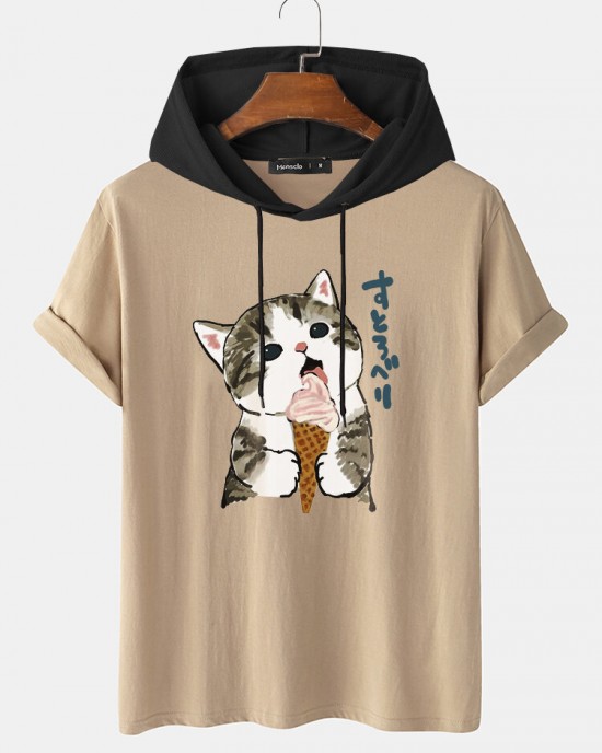 Mens Cute Cat Japanese Print Short Sleeve Drawstring Hooded T  Shirts