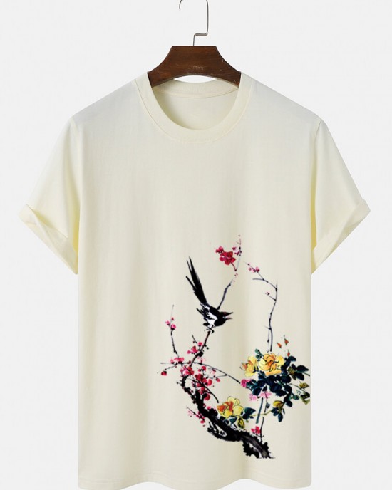 Mens Bird   Plum Bossom Print Short Sleeve Cotton T  Shirts