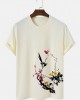 Mens Bird   Plum Bossom Print Short Sleeve Cotton T  Shirts