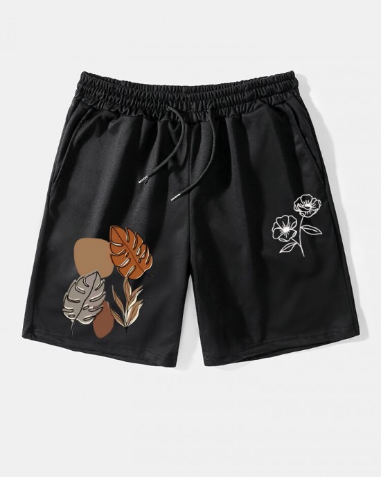 Men Floral Plant Printed Loose Casual Drawstring Elastic Waist Shorts