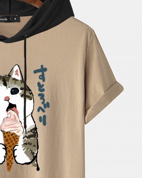 Mens Cute Cat Japanese Print Short Sleeve Drawstring Hooded T  Shirts