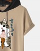 Mens Cute Cat Japanese Print Short Sleeve Drawstring Hooded T  Shirts