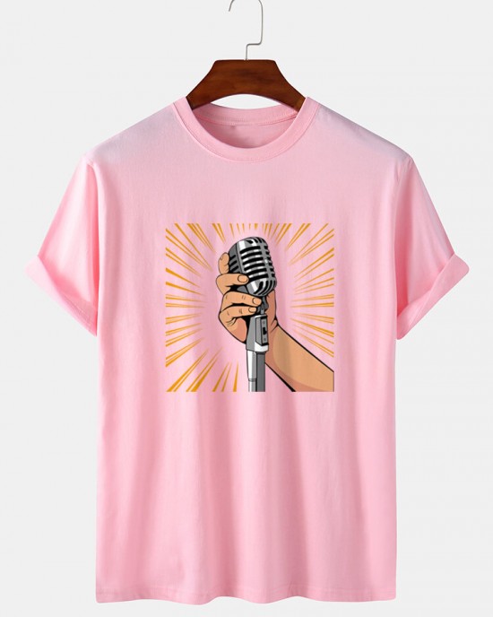 Mens Microphone Hand Graphic Short Sleeve Cotton T  Shirts