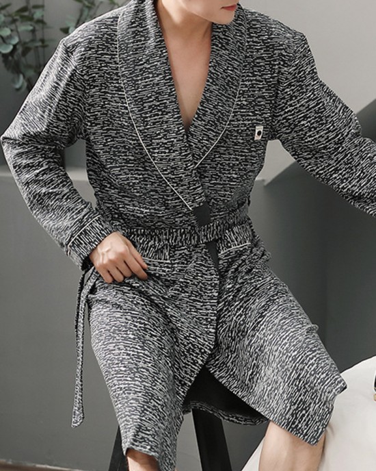 Mens Solid Color Letter Embroidery Double Pocket Lapel Sleepwear Robes With Sashes