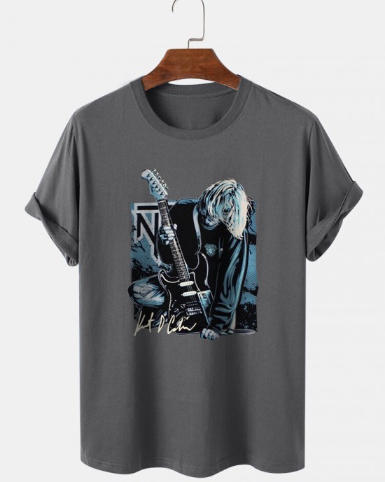 Mens Guitar Anime Figure Graphic Short Sleeve Cotton Leisure T  Shirts