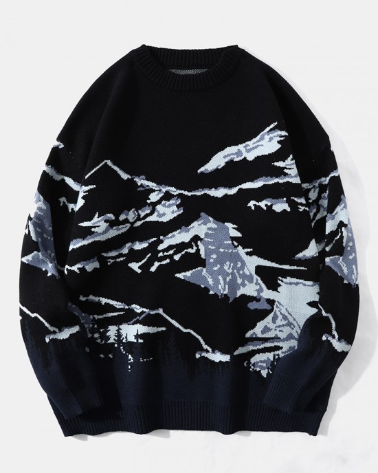 Men Landscape Mountain Drop Shoulder Loose Pullover Knitted Sweaters