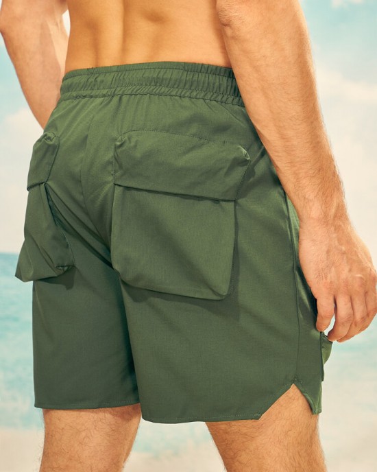 Men Plain Multi Pocket Utility Drawstring Mid Length Elastic Waist Cargo Shorts