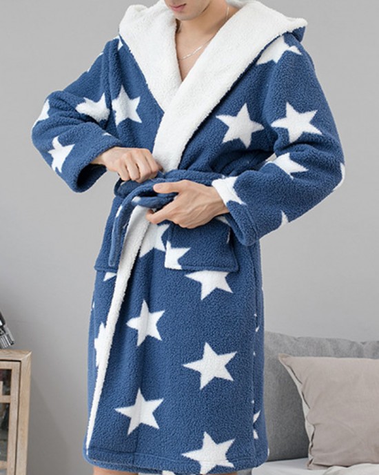 Mens Thick Star Print Home Sashes Plush Warm Hooded Sleepwear Robes With Pocket