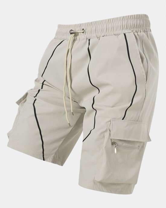 Men Contrast Lining Drawstring Elastic Waist Zip Pocket Mid Length Cargo Pants