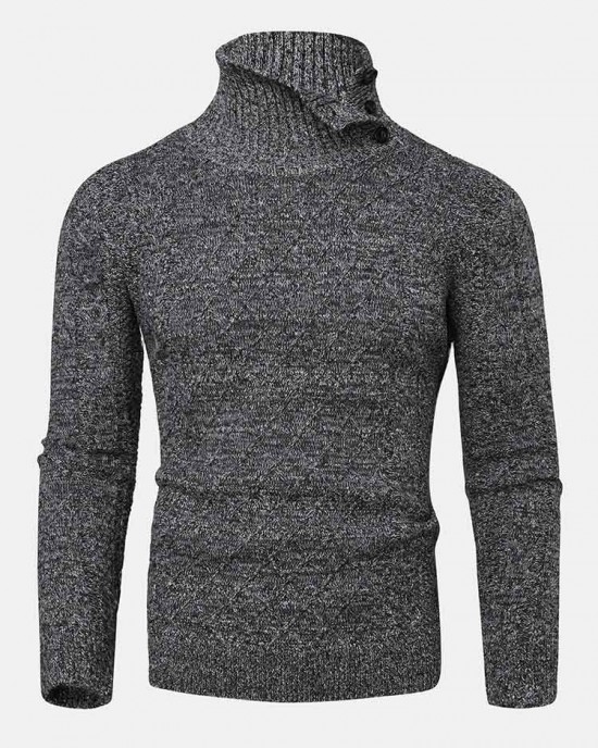 Mens Texture Solid Color High Waist Warm Long Sleeve Knitted Sweaters