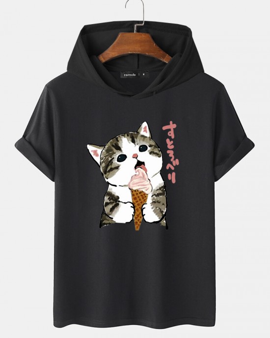 Mens Cute Cat Japanese Print Short Sleeve Drawstring Hooded T  Shirts