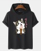 Mens Cute Cat Japanese Print Short Sleeve Drawstring Hooded T  Shirts