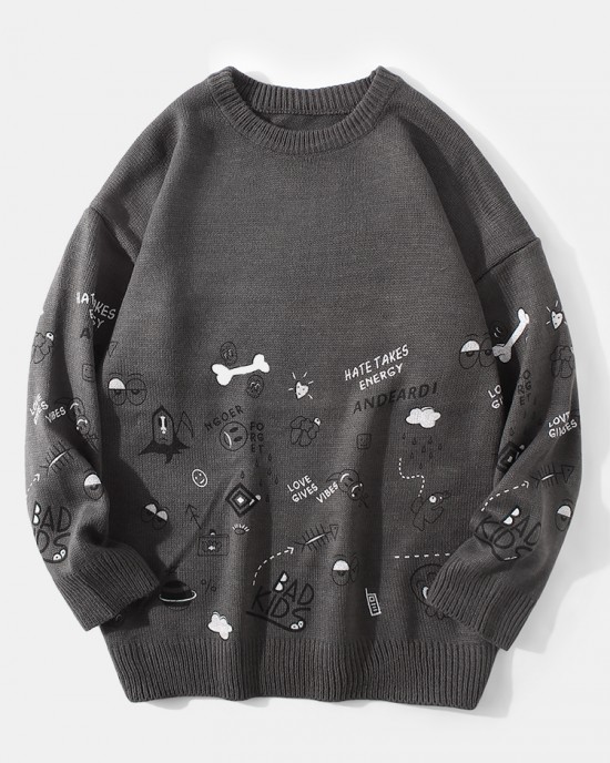 Mens Cute Cartoon Print Round Neck Long Sleeve Knitted Pullover Sweaters