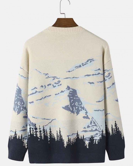 Men Landscape Mountain Drop Shoulder Loose Pullover Knitted Sweaters