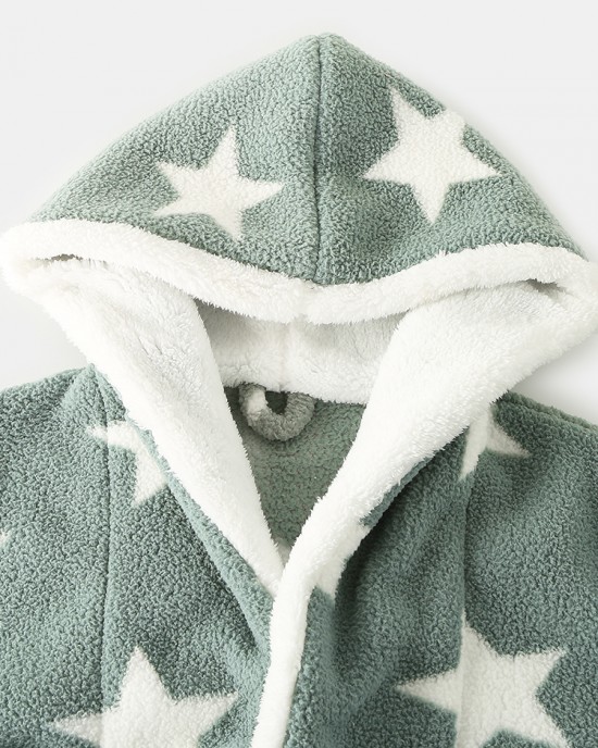 Mens Thick Star Print Home Sashes Plush Warm Hooded Sleepwear Robes With Pocket