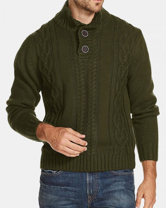 Men Cable Knit Lapel Button Solid Pullover Casual Sweaters