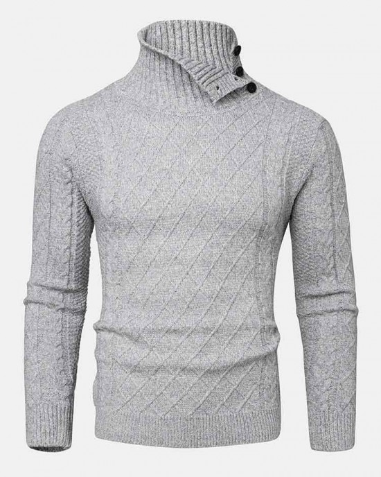 Mens Texture Solid Color High Waist Warm Long Sleeve Knitted Sweaters